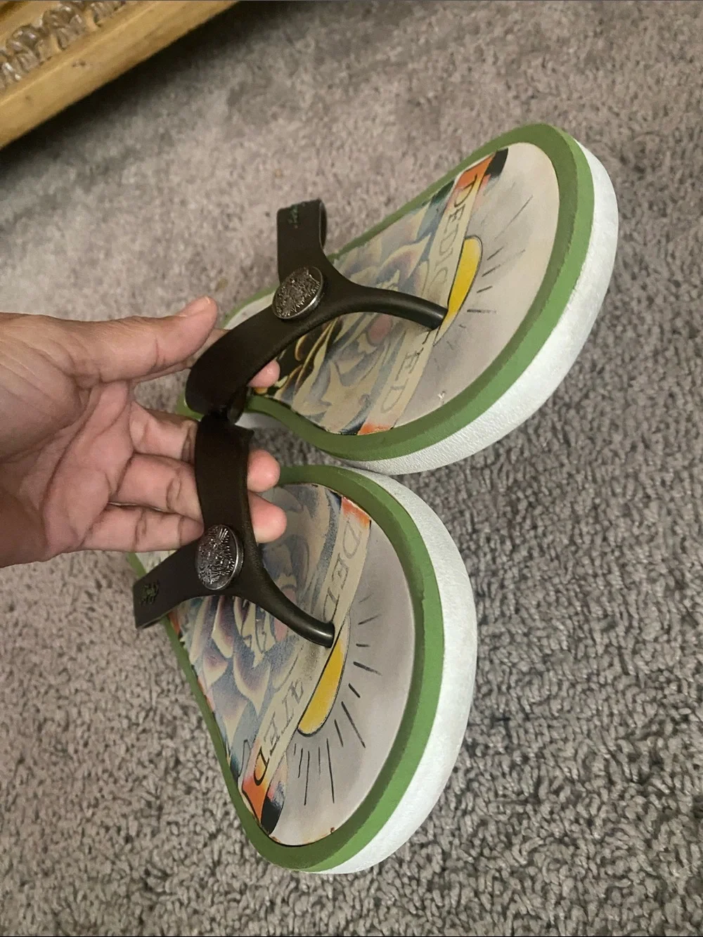 Vintage Ed Hardy Tattoo-Print Flip Flops in Green and Black